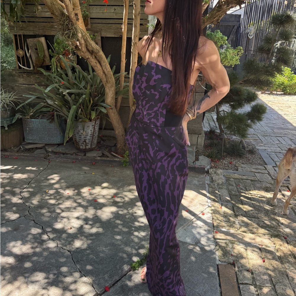 J. Mendel Strapless Silk Gown Purple Black Abstract Print Floor Length Size 10